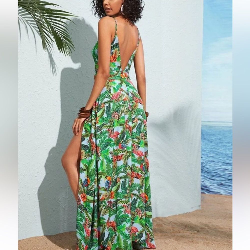 SHEIN Womens Twist Waist Split Thigh Tropical Slip Maxi Dress Size Large Coverup